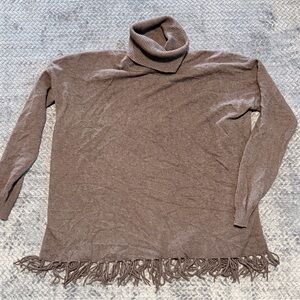 REPEAT Cashmere Blend Fringe Hem Turtleneck Sweater in Taupe Brown Size Large